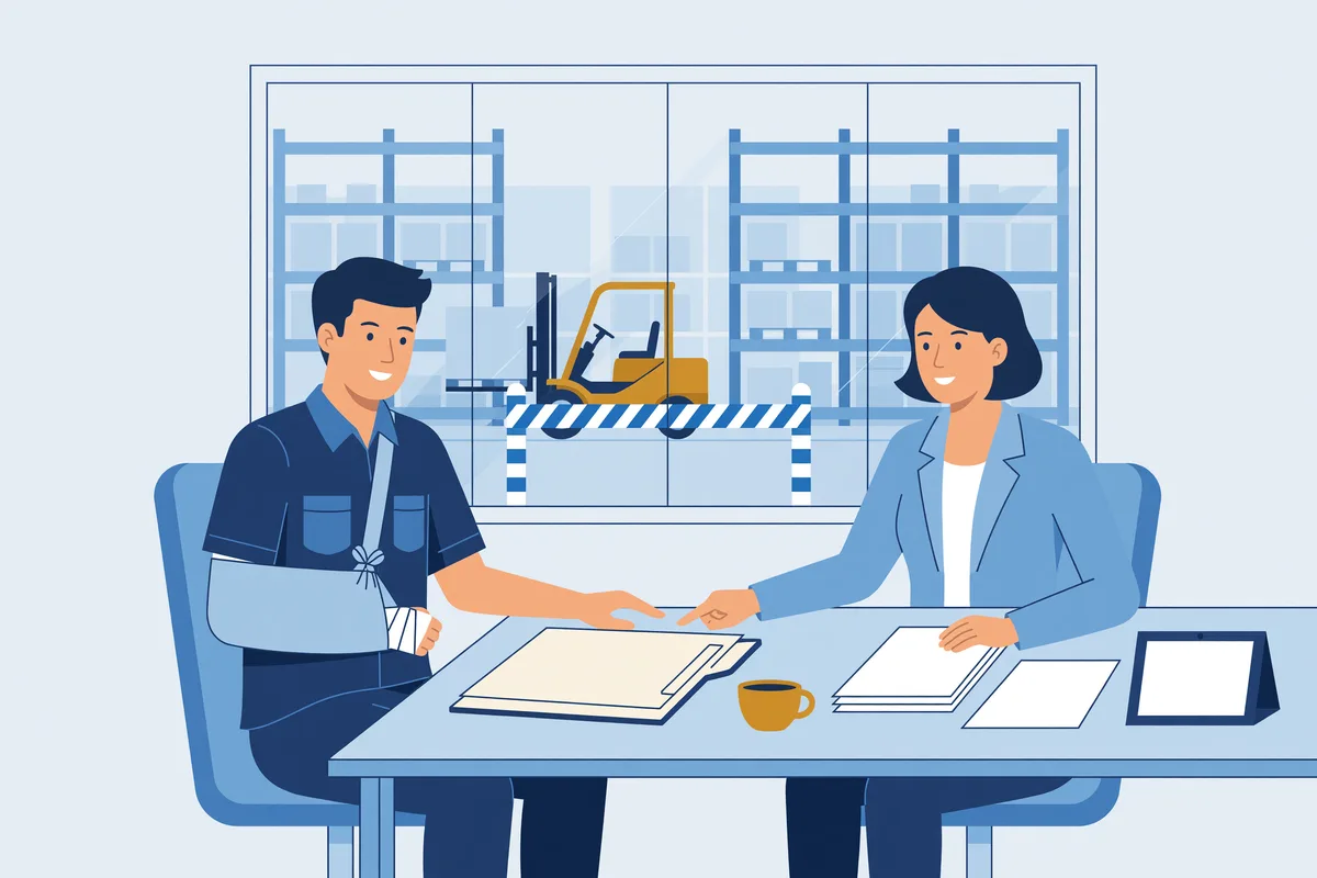 Magazijnmedewerker met arm in een mitella in gesprek met een advocaat, met op de achtergrond stellingen en een heftruck.