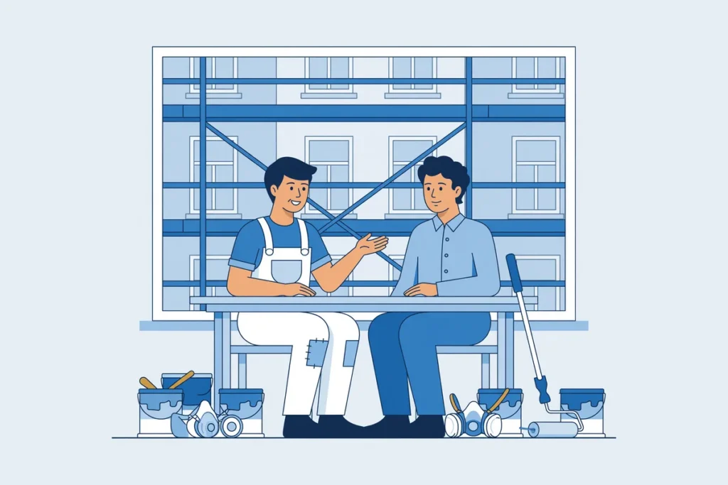 Schilder in overall in gesprek met een adviseur, met verfblikken en een adembeschermingsmasker.