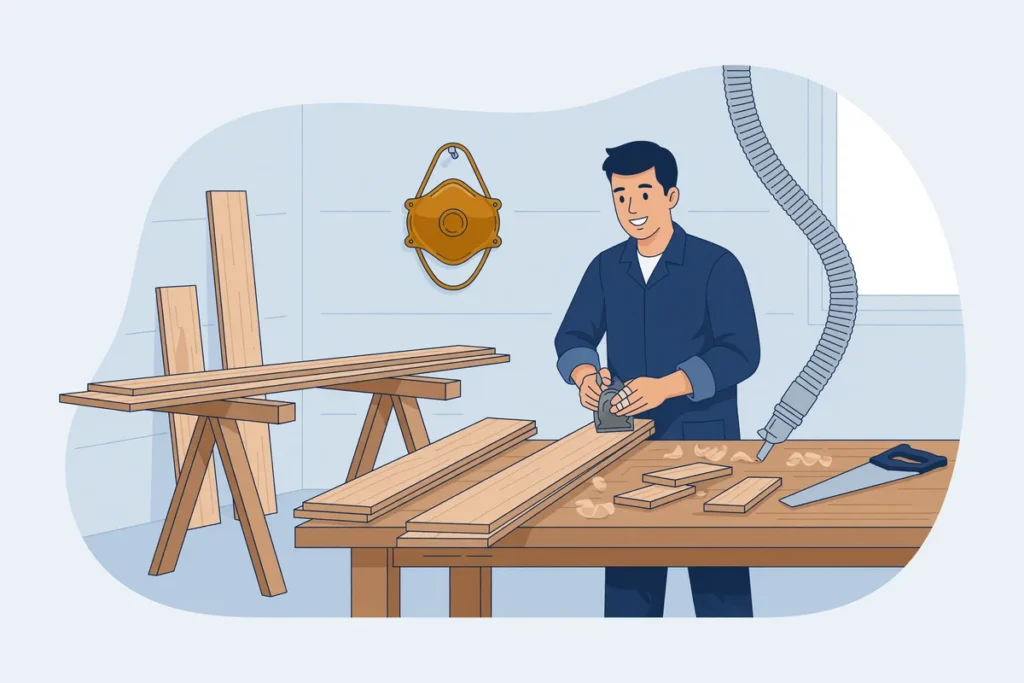 Timmerman aan een werkbank met stofafzuiging in een houtwerkplaats.
