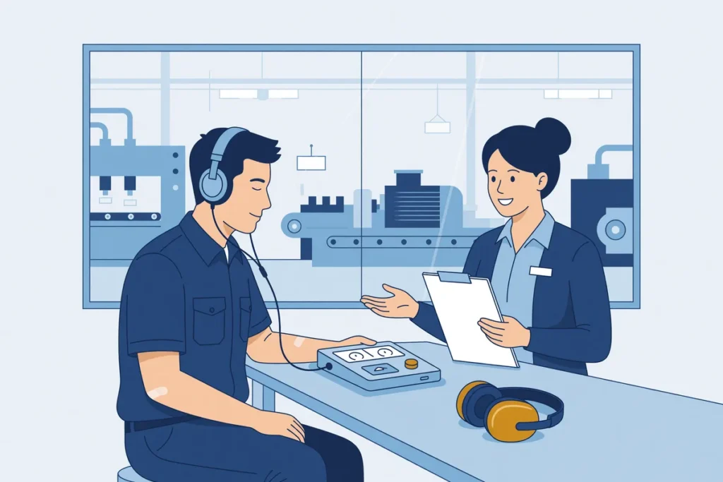 Werknemer met koptelefoon tijdens een gehoortest bij een audiologe; buiten een fabriekshal.