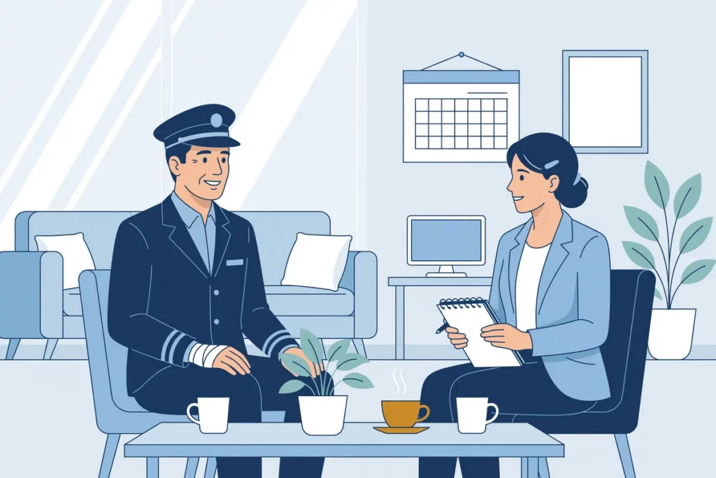 Trambestuurder in uniform in gesprek met een psycholoog in een rustige kamer.
