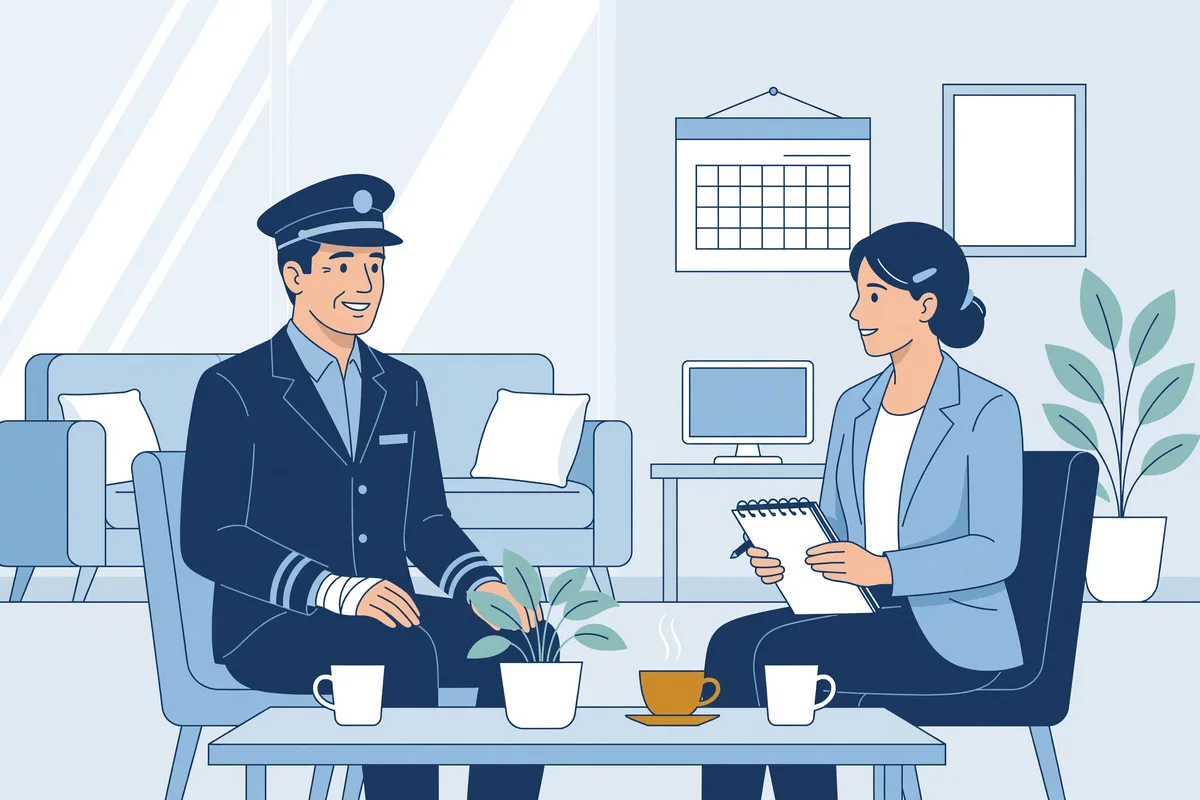 Trambestuurder in uniform in gesprek met een psycholoog in een rustige kamer.