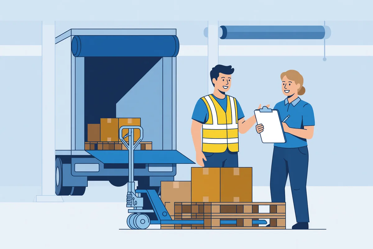 Laadperron met vrachtwagen, pallets en een palletwagen; twee medewerkers overleggen.