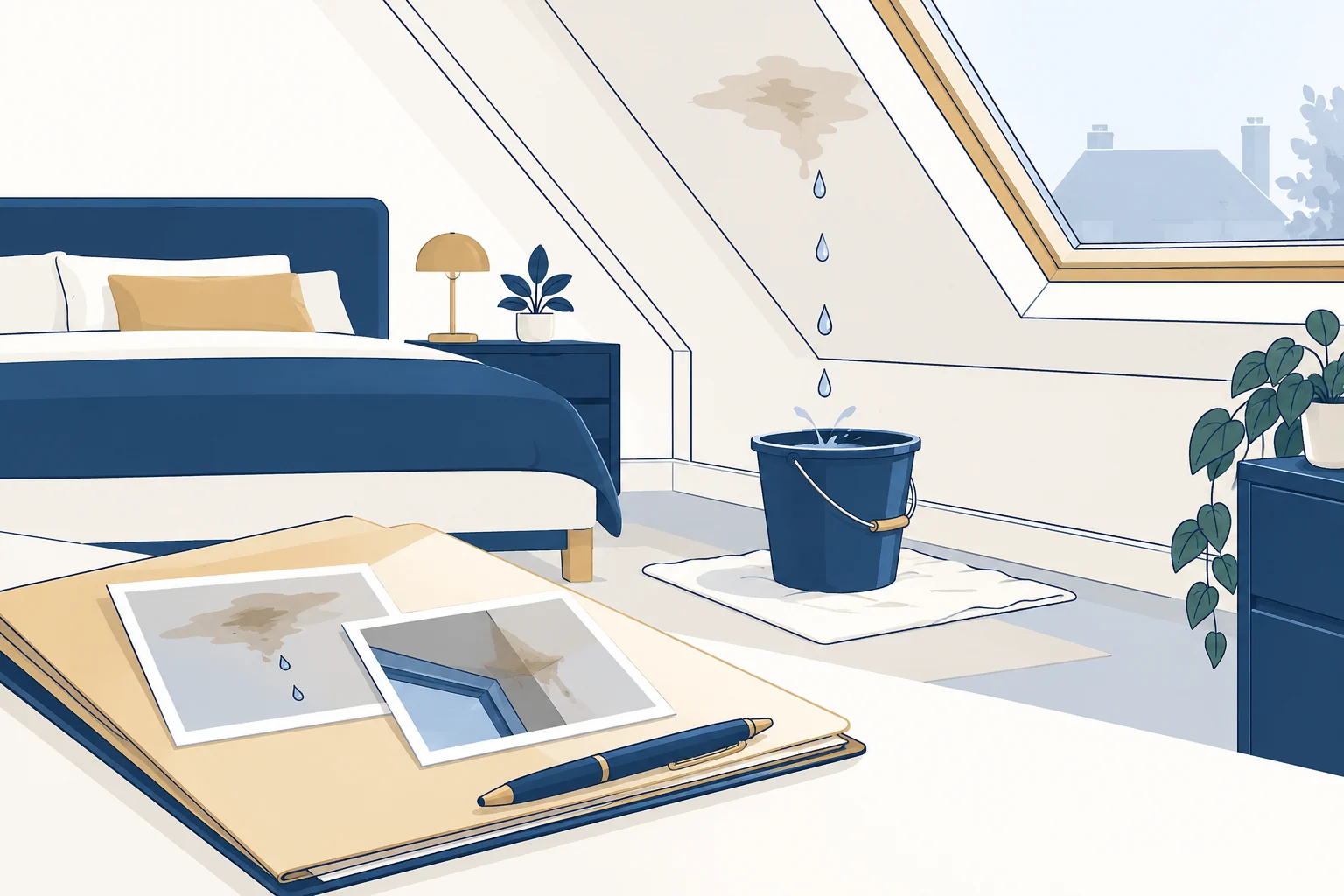 Illustratie van een slaapkamer met daklekkage, een opvangemmer en een dossier met foto's van de vochtschade.