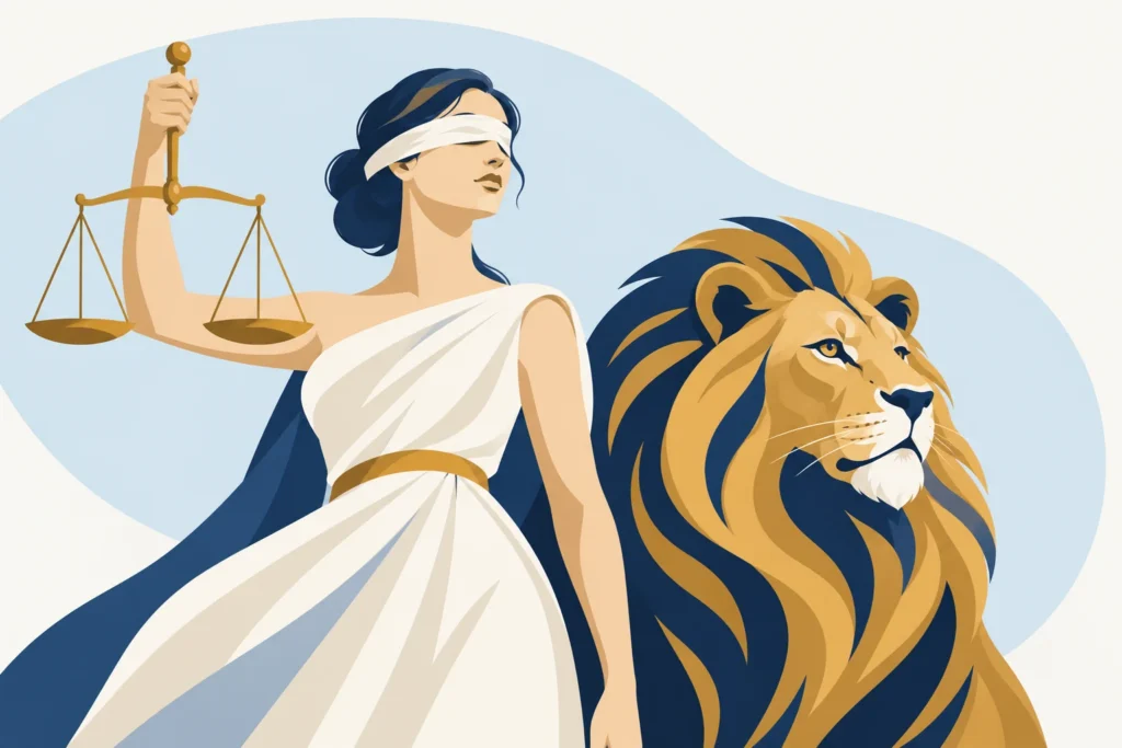 Moderne illustratie van Vrouwe Justitia met een leeuw in blauw en goud