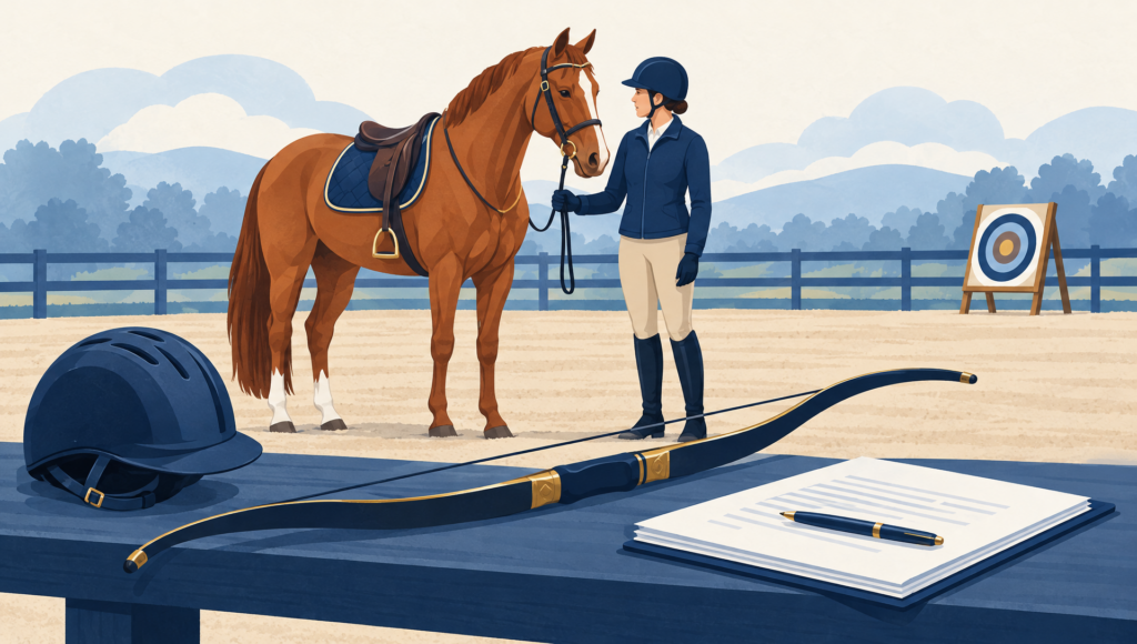 Symbolische illustratie van een paard en ruiter bij een oefenbaan voor boogschieten, met een juridisch dossier op de voorgrond.