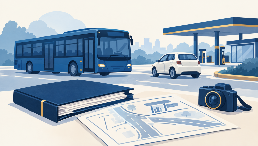 Symbolische illustratie van een lijnbus en personenauto bij een tankstation, met een ongevalsdossier en camerabewijs.