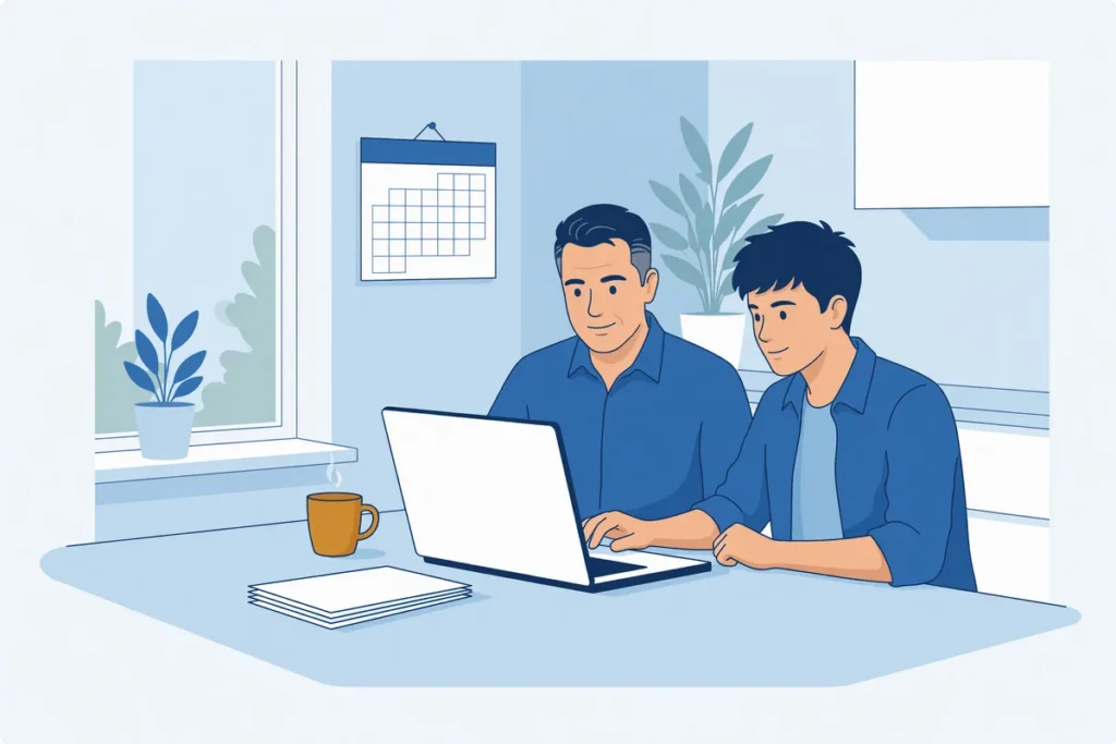 Vader en dochter van achttien bekijken samen een overzicht op de laptop aan de keukentafel