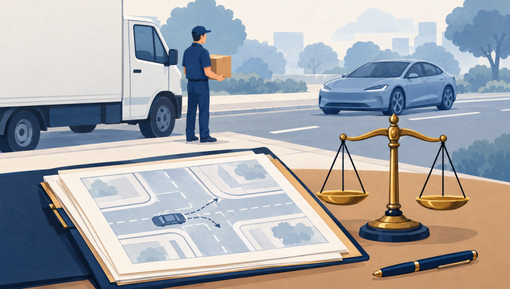 Symbolische illustratie van een pakketbezorger naast een geparkeerde vrachtwagen en een auto, met een juridisch dossier over de verkeerssituatie.