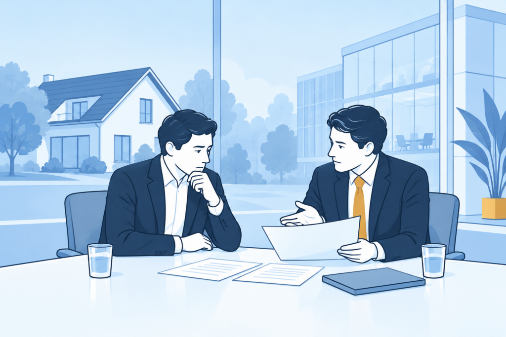 Een bestuurder bespreekt een bedrijfsdossier met een adviseur, met een woning en kantoor op de achtergrond.