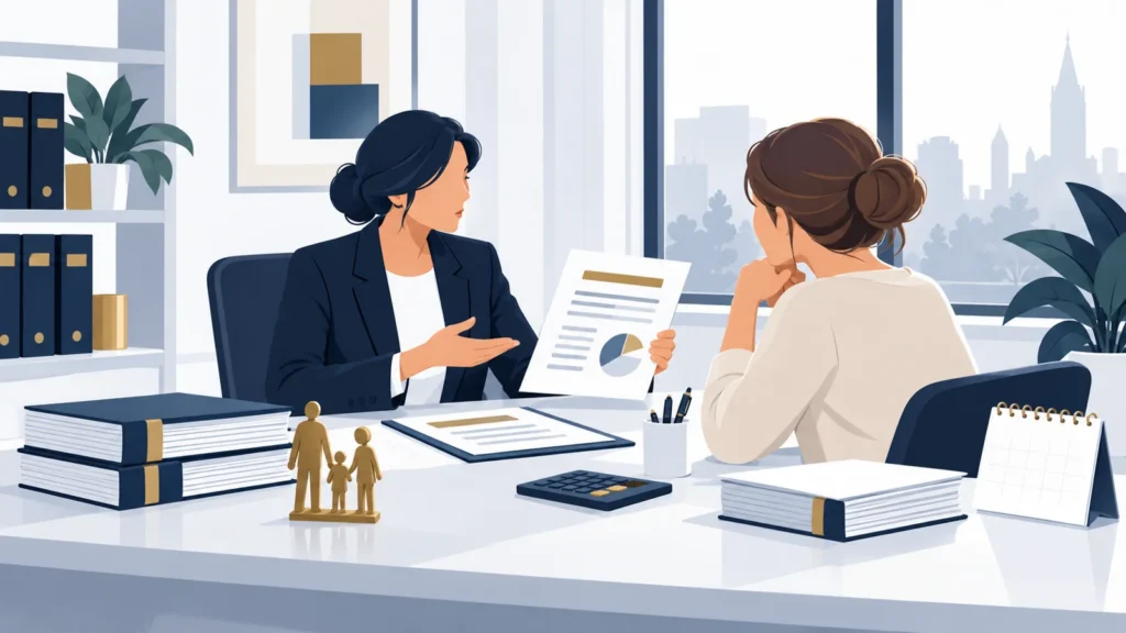 Een ouder bespreekt financiële afspraken met een adviseur.