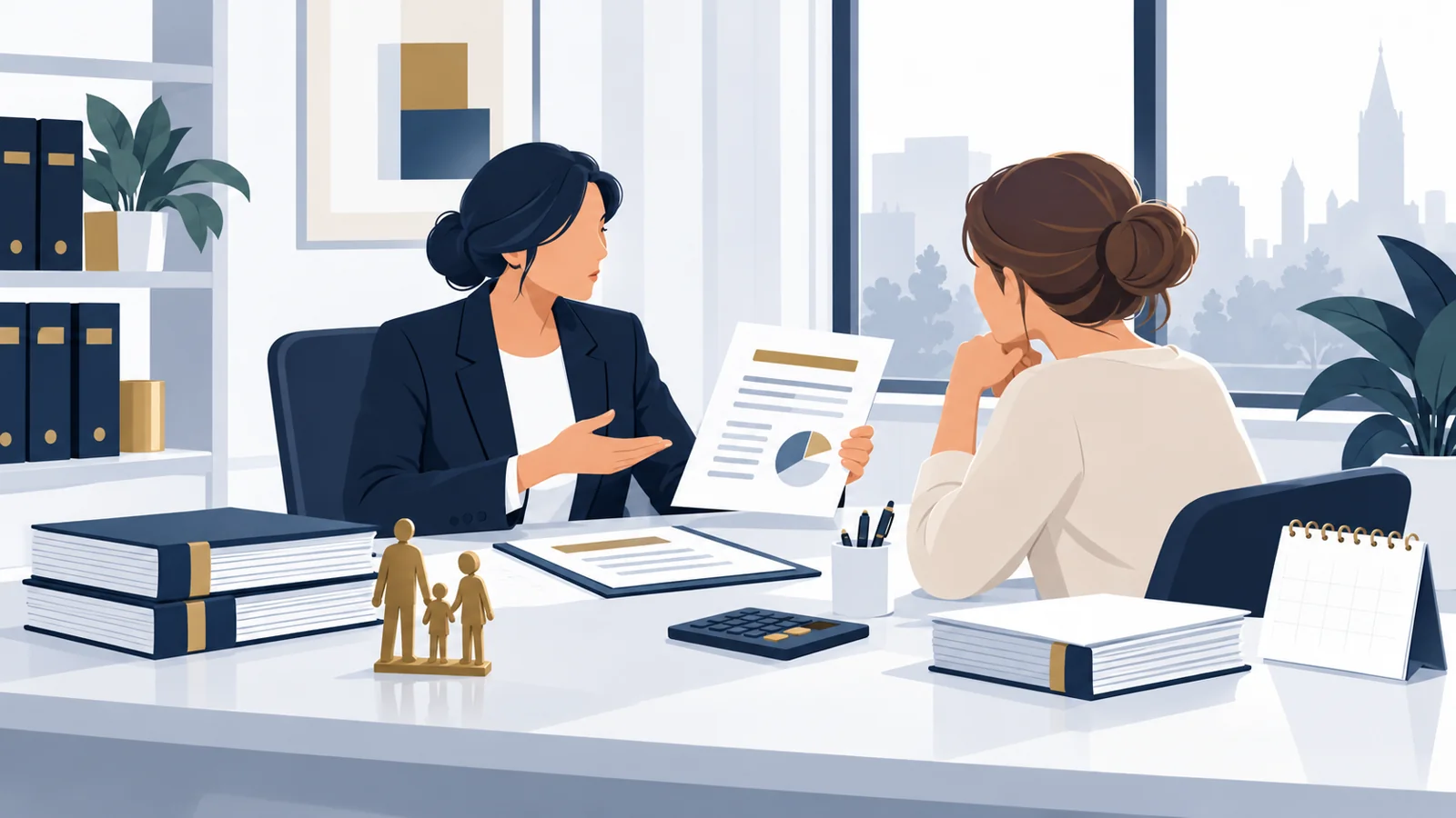 Een ouder bespreekt financiële afspraken met een adviseur.