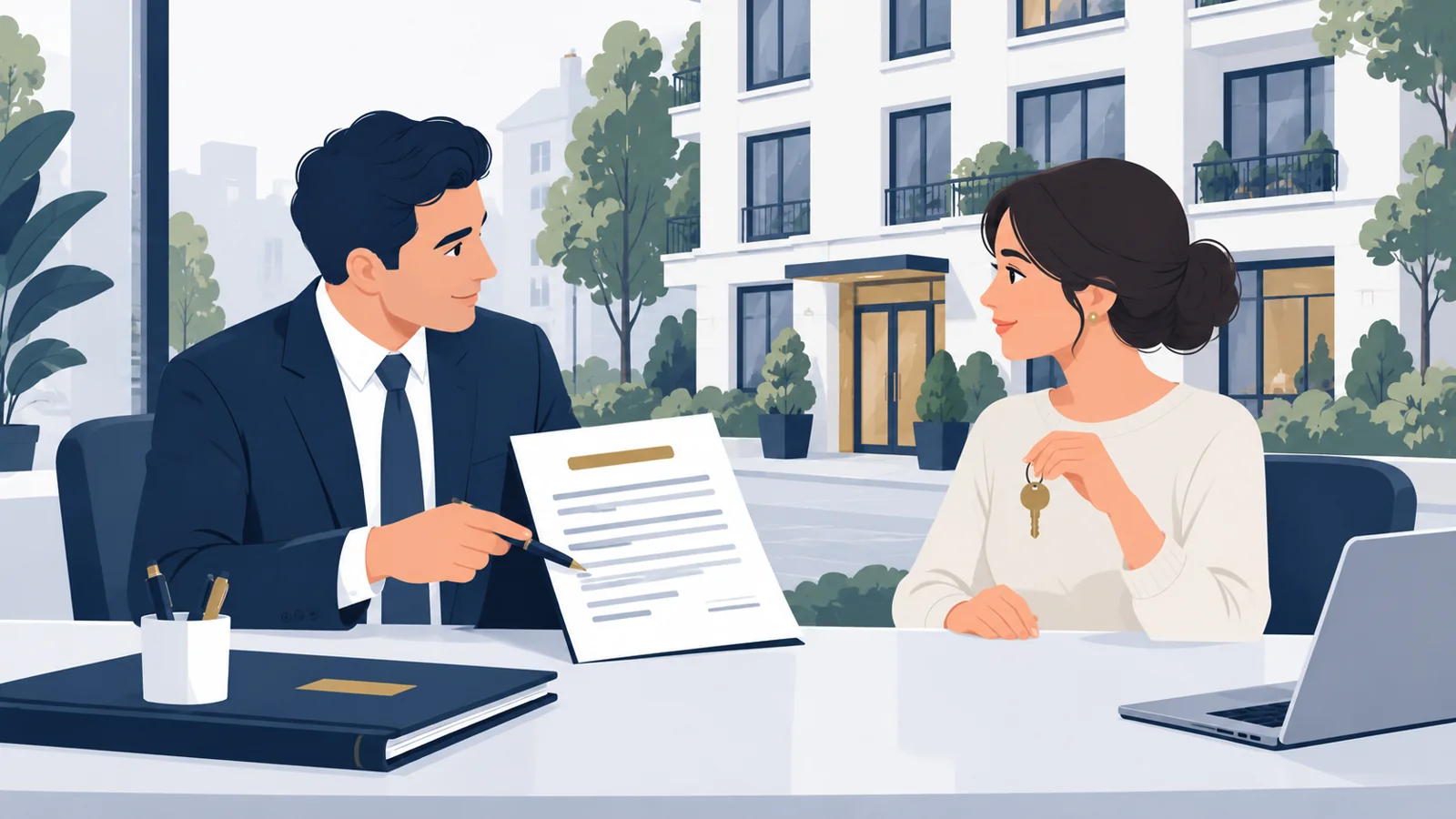 Een huurder bespreekt een huurcontract met een adviseur.