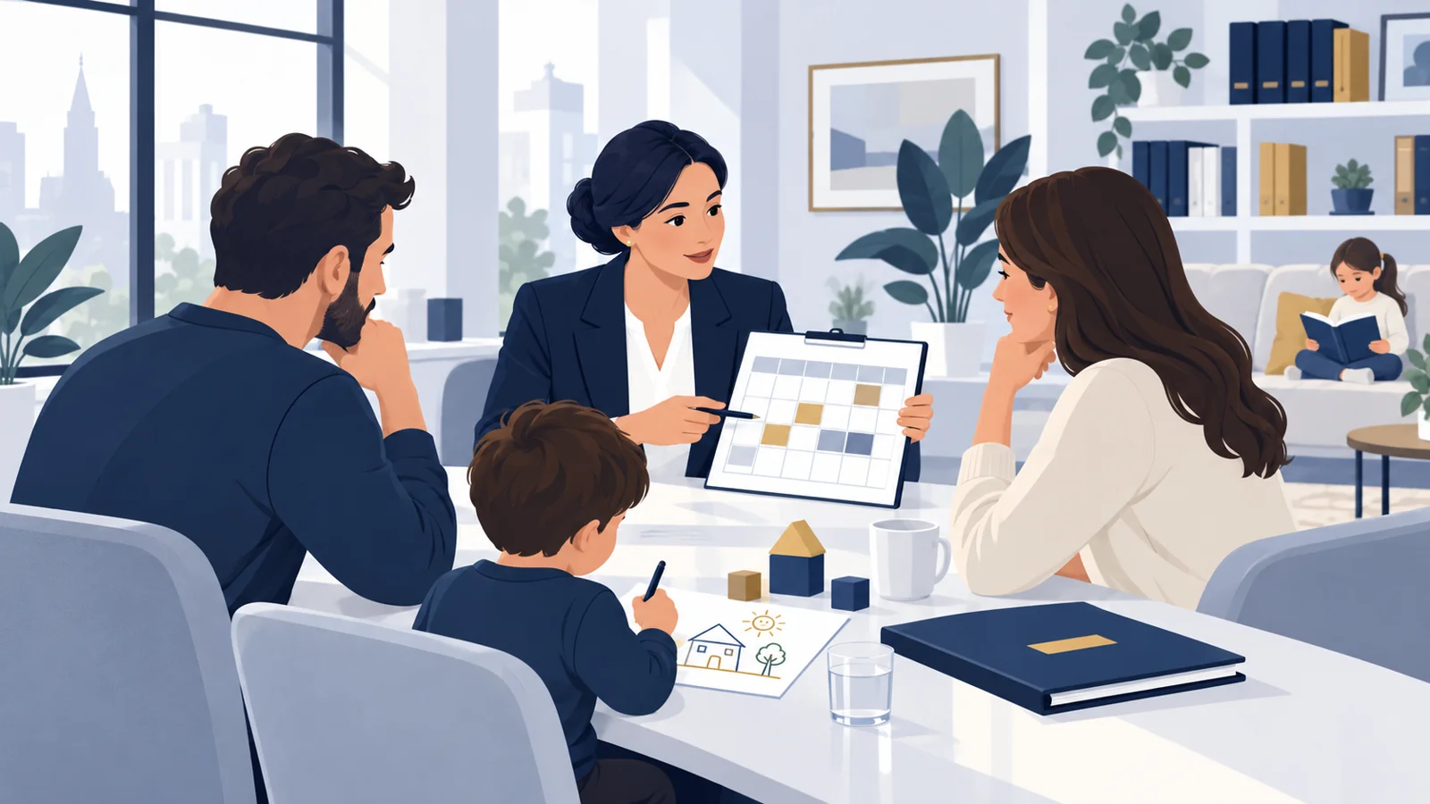 Ouders bespreken een zorgrooster met een juridisch adviseur.