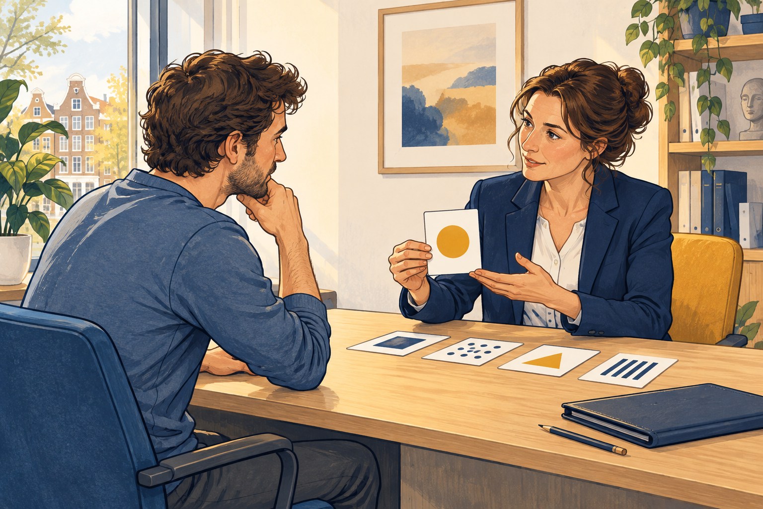 Illustratie van een neuropsychologisch onderzoek met aandacht- en geheugentaken.