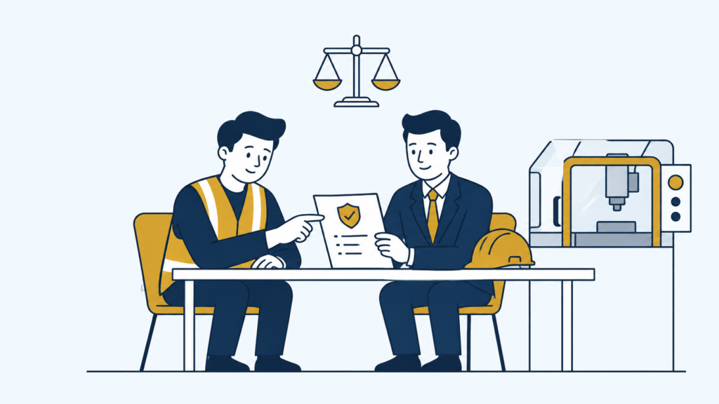 Een werknemer en advocaat bespreken veiligheid op het werk en de zorgplicht.