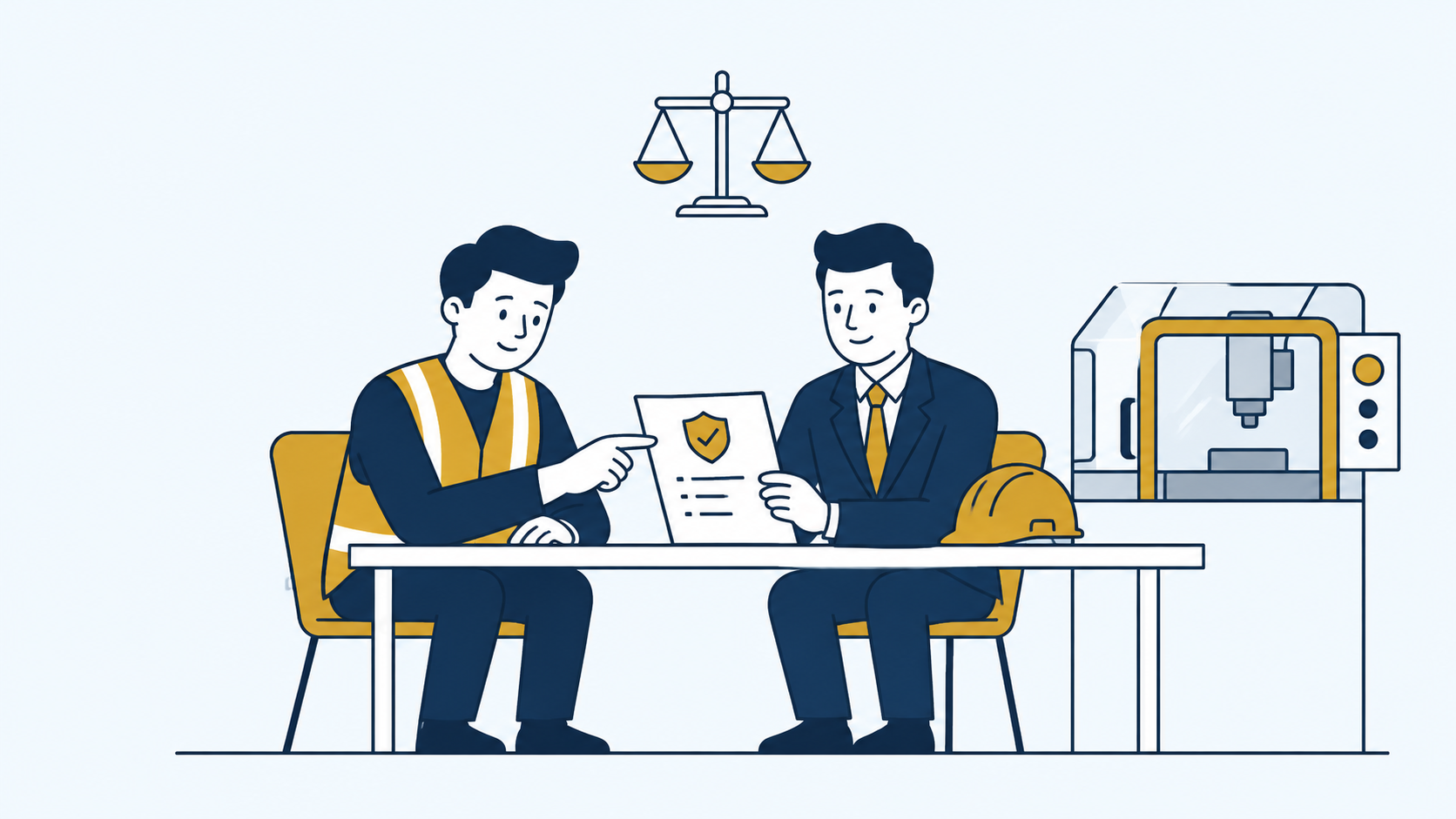 Een werknemer en advocaat bespreken veiligheid op het werk en de zorgplicht.
