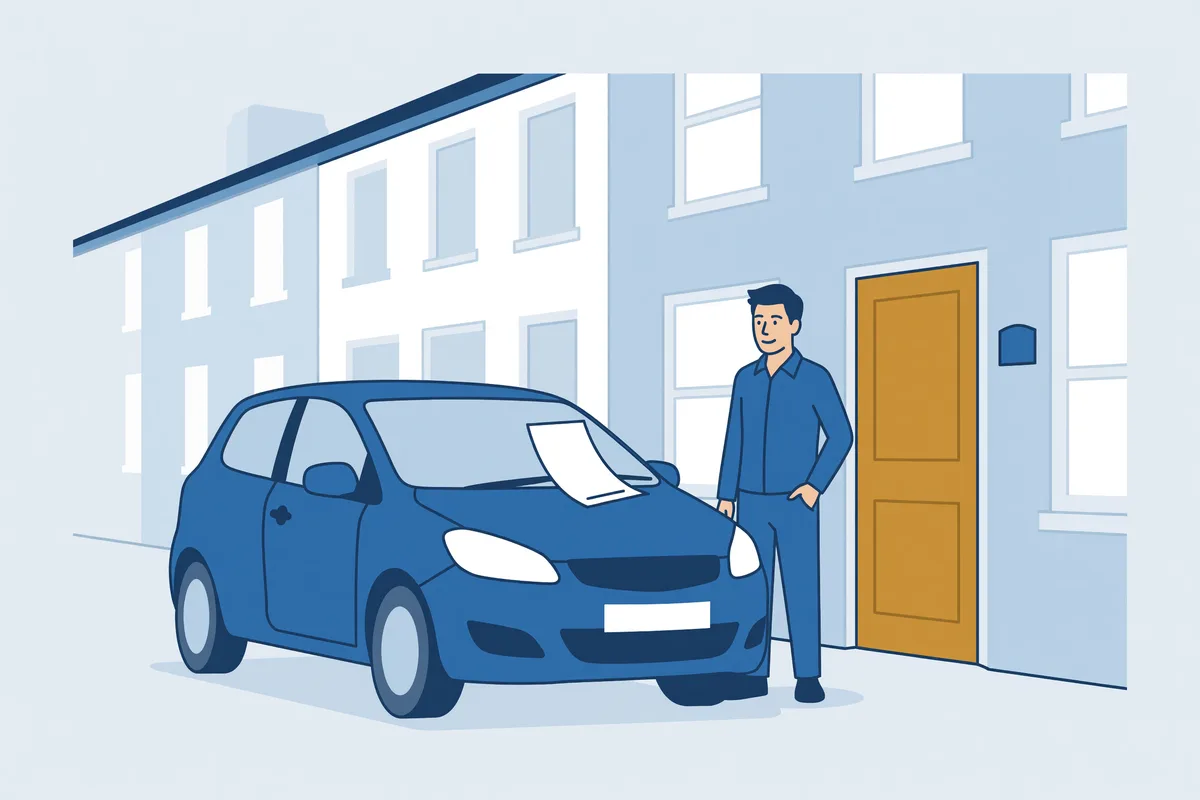 Auto voor een woning met een beslagbriefje achter de ruitenwisser.