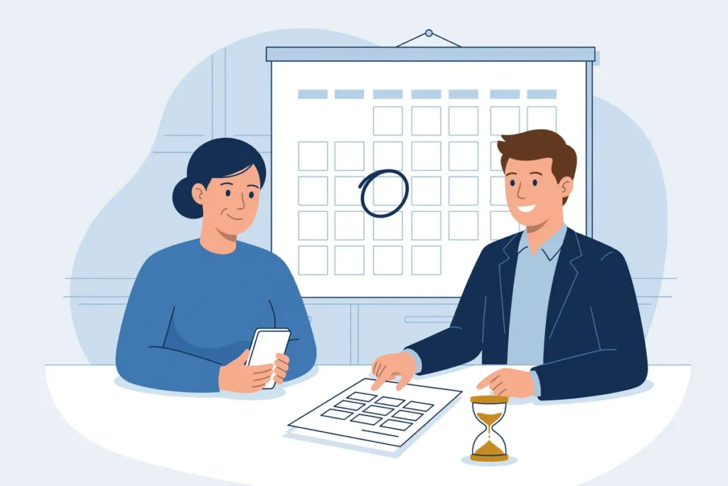 Illustratie van een vrouw met een telefoon en een advocaat aan tafel bij een leeg kredietoverzicht, met een omcirkelde dag op de kalender en een zandloper.