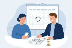 Illustratie van een vrouw met een telefoon en een advocaat aan tafel bij een leeg kredietoverzicht, met een omcirkelde dag op de kalender en een zandloper.