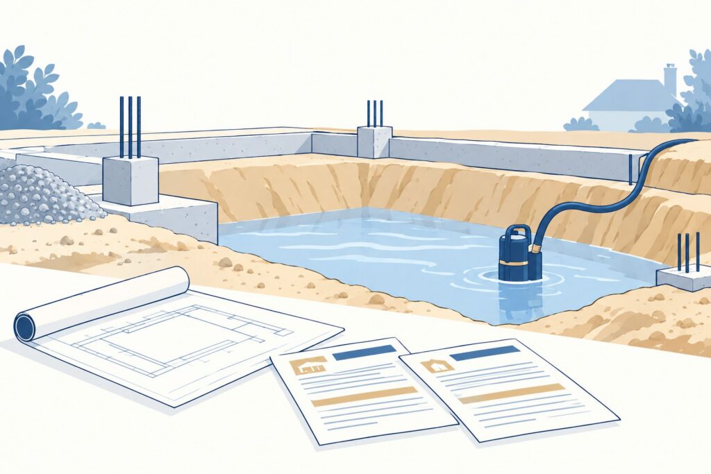 Illustratie van een bouwput met water, een pomp, technische tekening en gescheiden kostenstaten.