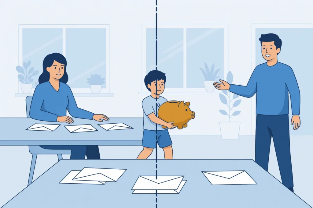 Twee ouders aan een keukentafel met een gedeelde kalender en brieven over toeslagen voor hun kind