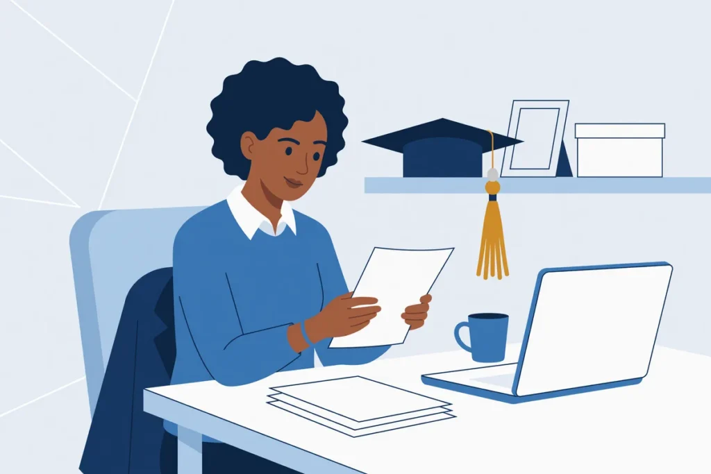 Afgestudeerde leest een brief over haar studieschuld.