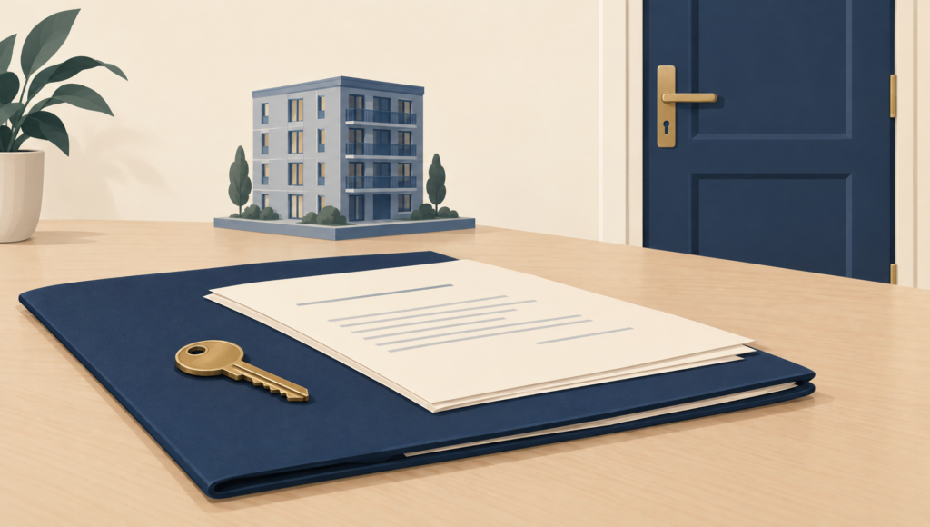 Symbolische illustratie van een woningsleutel en huurdossier bij een geschil over ontruiming.