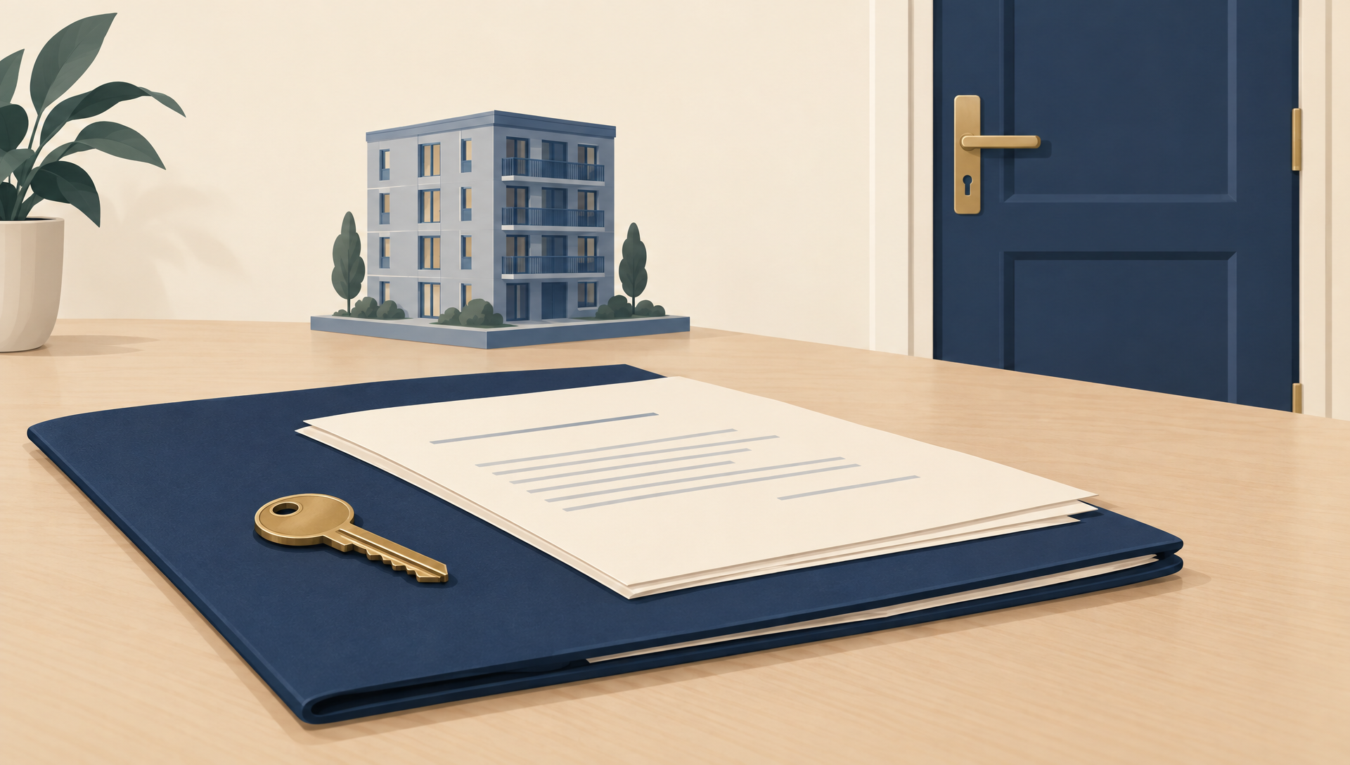 Symbolische illustratie van een woningsleutel en huurdossier bij een geschil over ontruiming.