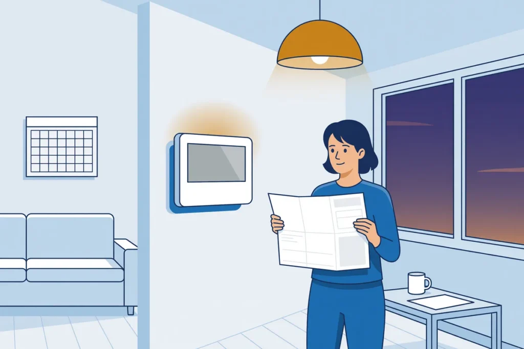 Vrouw leest haar energierekening naast de thermostaat.
