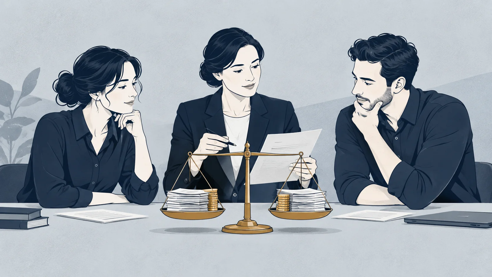 Illustratie van uitzendkracht en collega die twee arbeidsvoorwaardenpakketten vergelijken met een juridisch adviseur