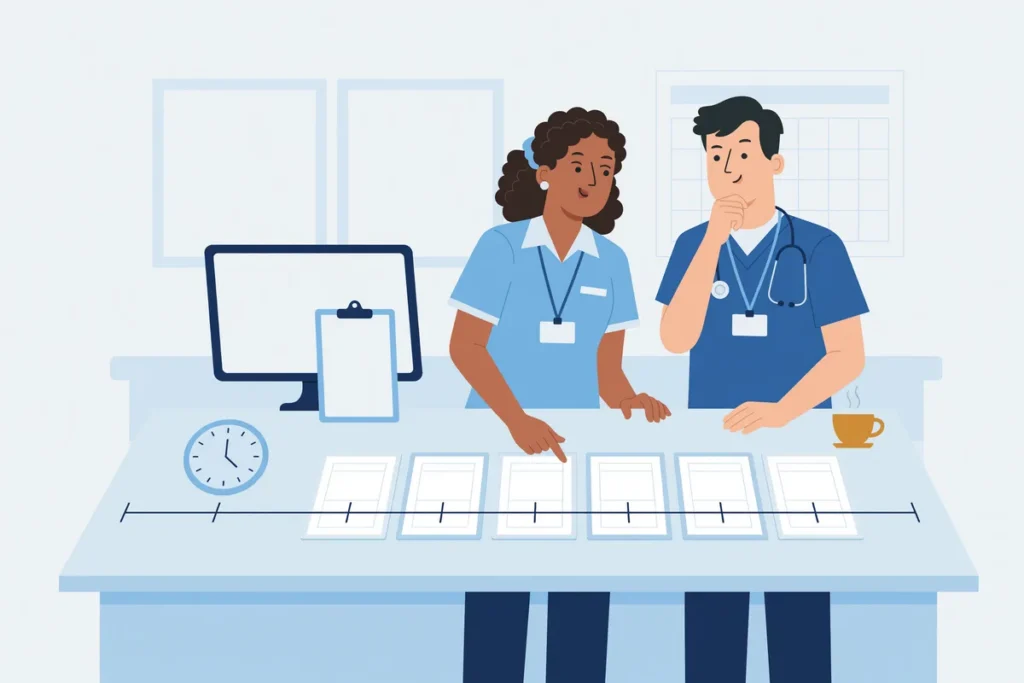 Zorgverleners reconstrueren het tijdsverloop van een acute medische beoordeling.