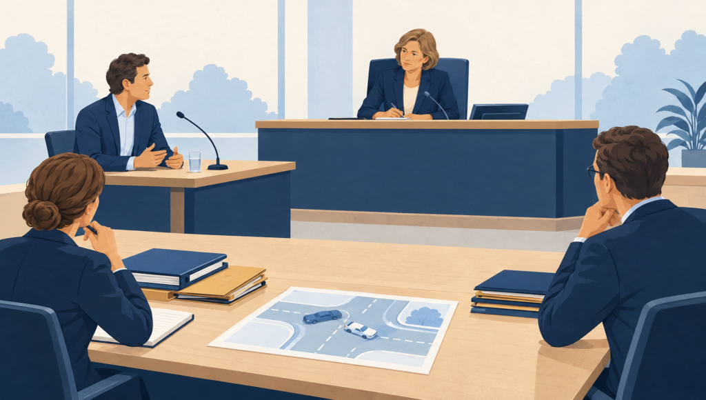 Symbolische illustratie van een getuige die in een civiele zittingszaal een verklaring aflegt over een verkeerssituatie.