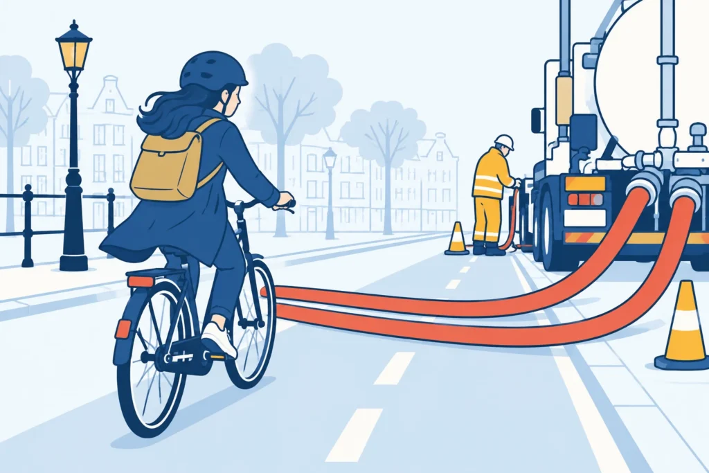 Fietser nadert slangen op de rijbaan bij wegwerkzaamheden.