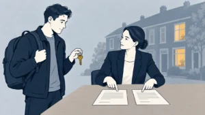 Illustratie van een uitzendkracht met huissleutel en een juridisch adviseur bij afzonderlijke arbeids- en wooncontracten