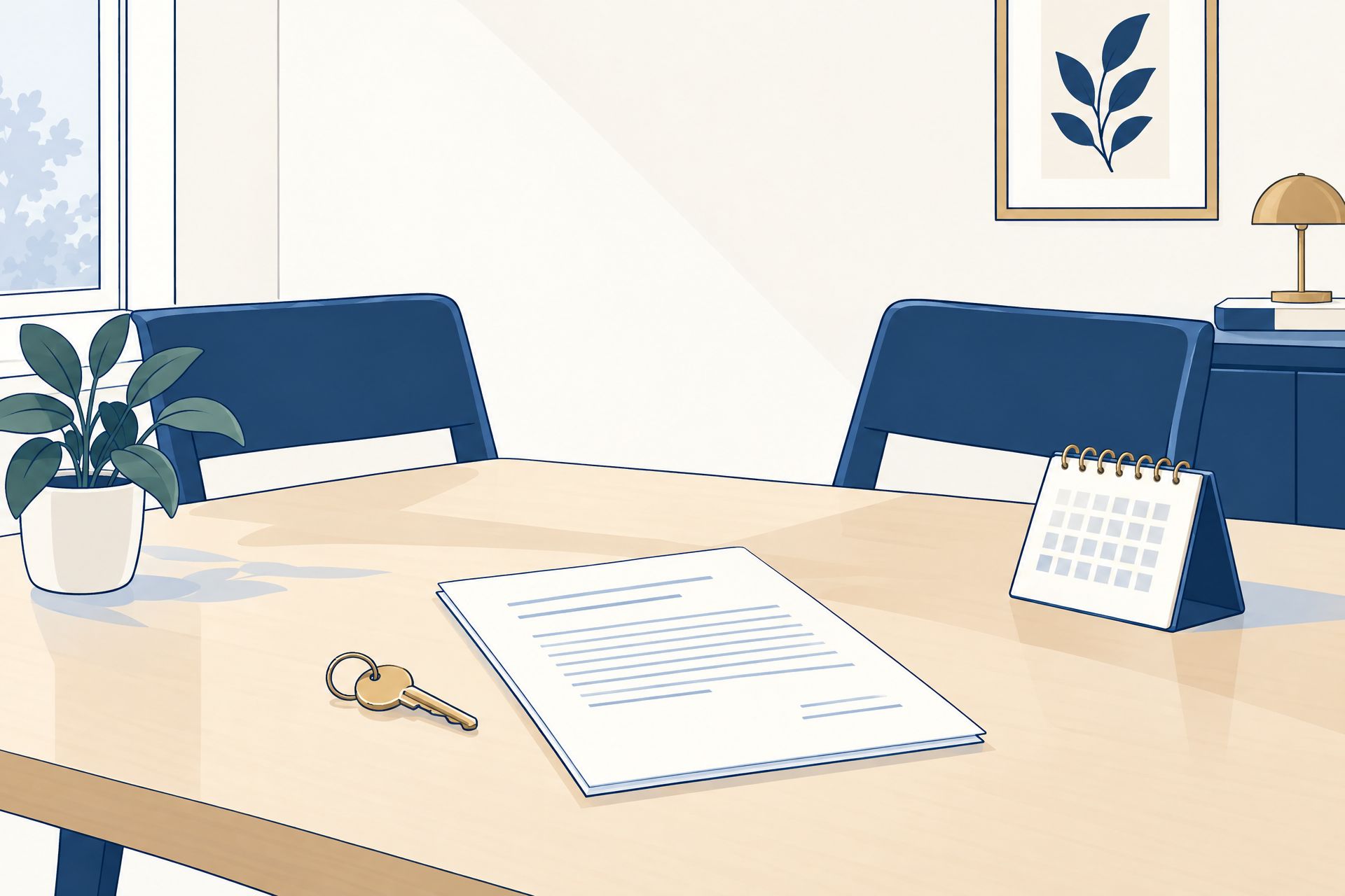 Illustratie van een huissleutel, huurdocument en kalender bij een tafel met twee stoelen.