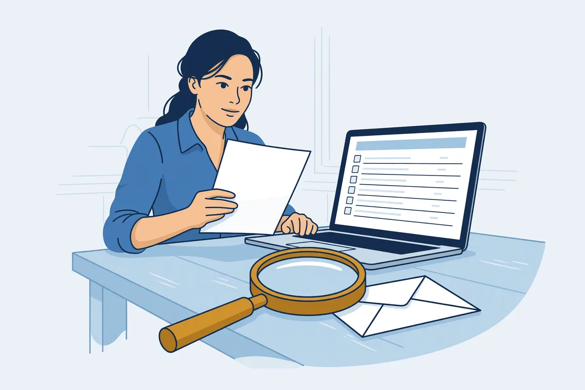 Vrouw controleert met een incassobrief in de hand of het incassobureau in het register staat.