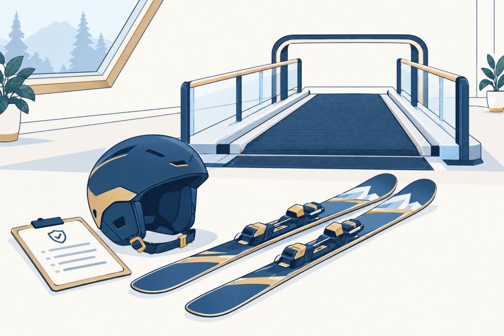 Illustratie van een skihelm, ski's en veiligheidsinstructies bij een indoor skibaan.