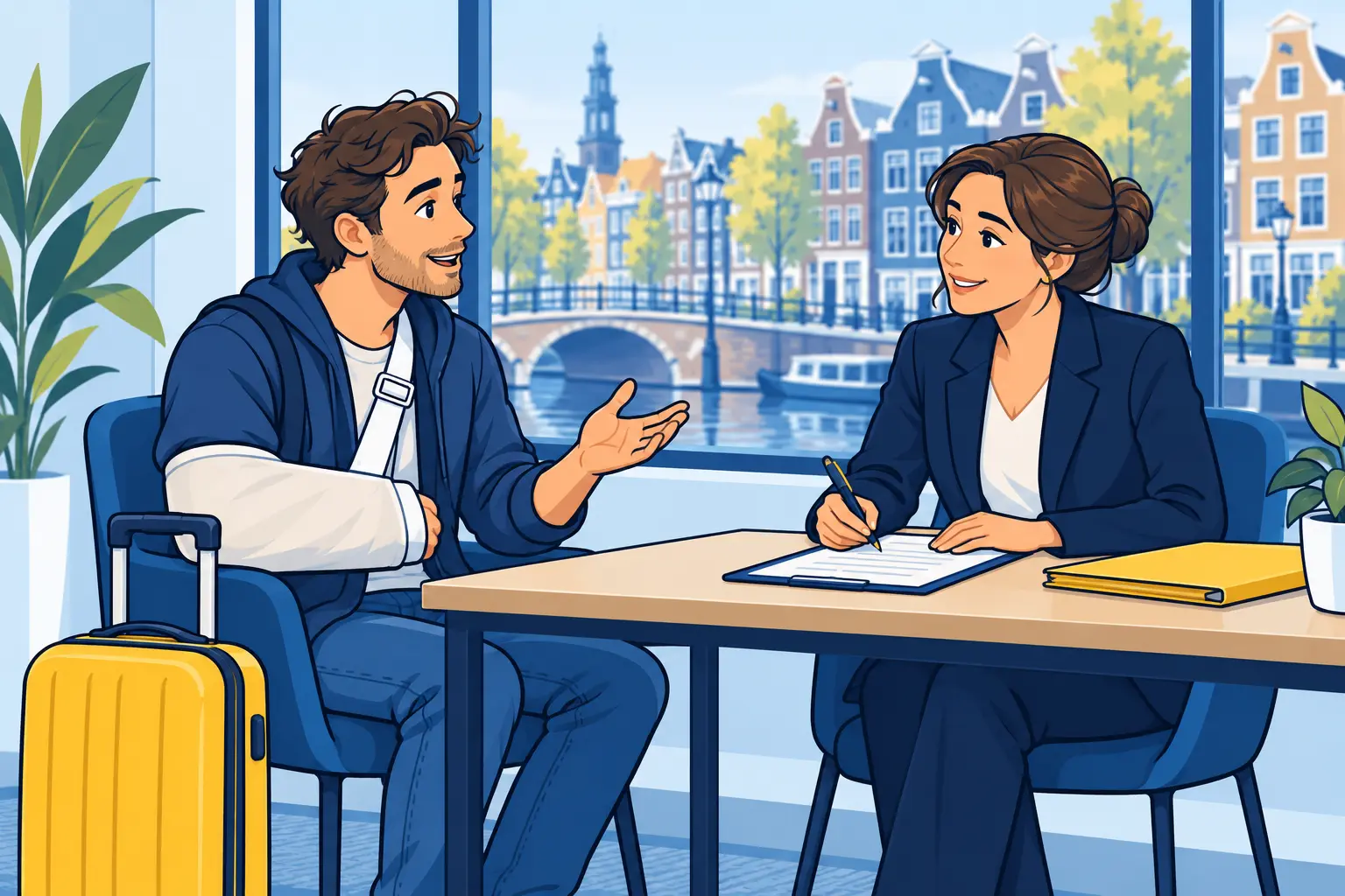 An injured visitor with a suitcase discusses a claim with a lawyer, with Dutch canal houses in the background.