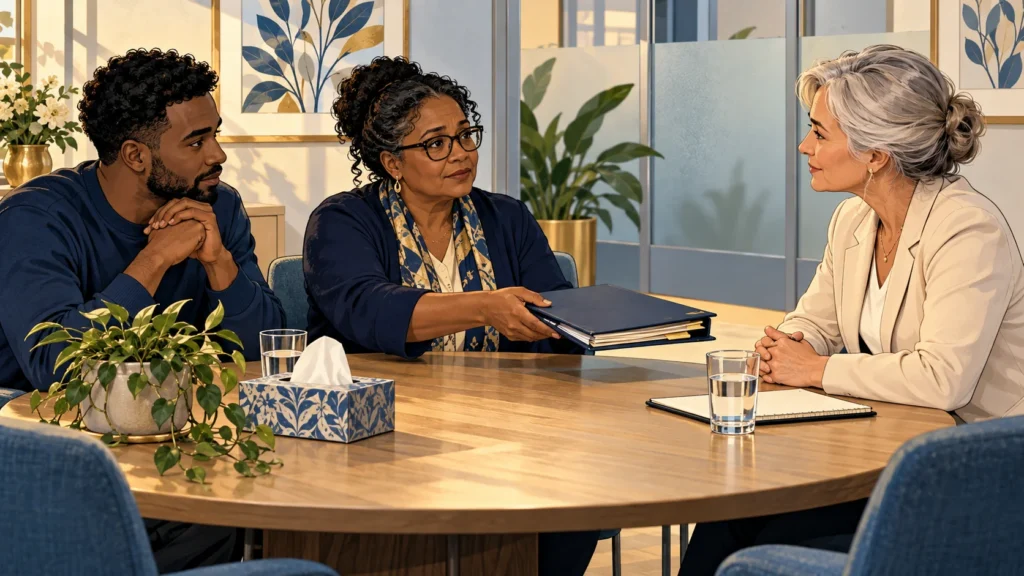 Patiënt en naaste bespreken een dossier met een klachtenfunctionaris.