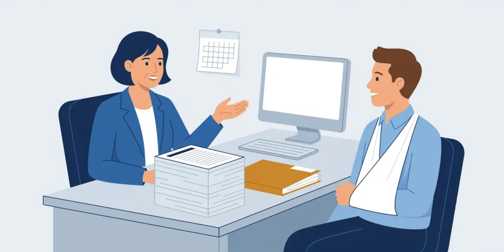 Werkgever in gesprek met een werknemer met de arm in een mitella, met salarisstukken op het bureau.