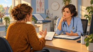 Patiënt bespreekt haar klachten en aantekeningen met een huisarts tijdens een consult.