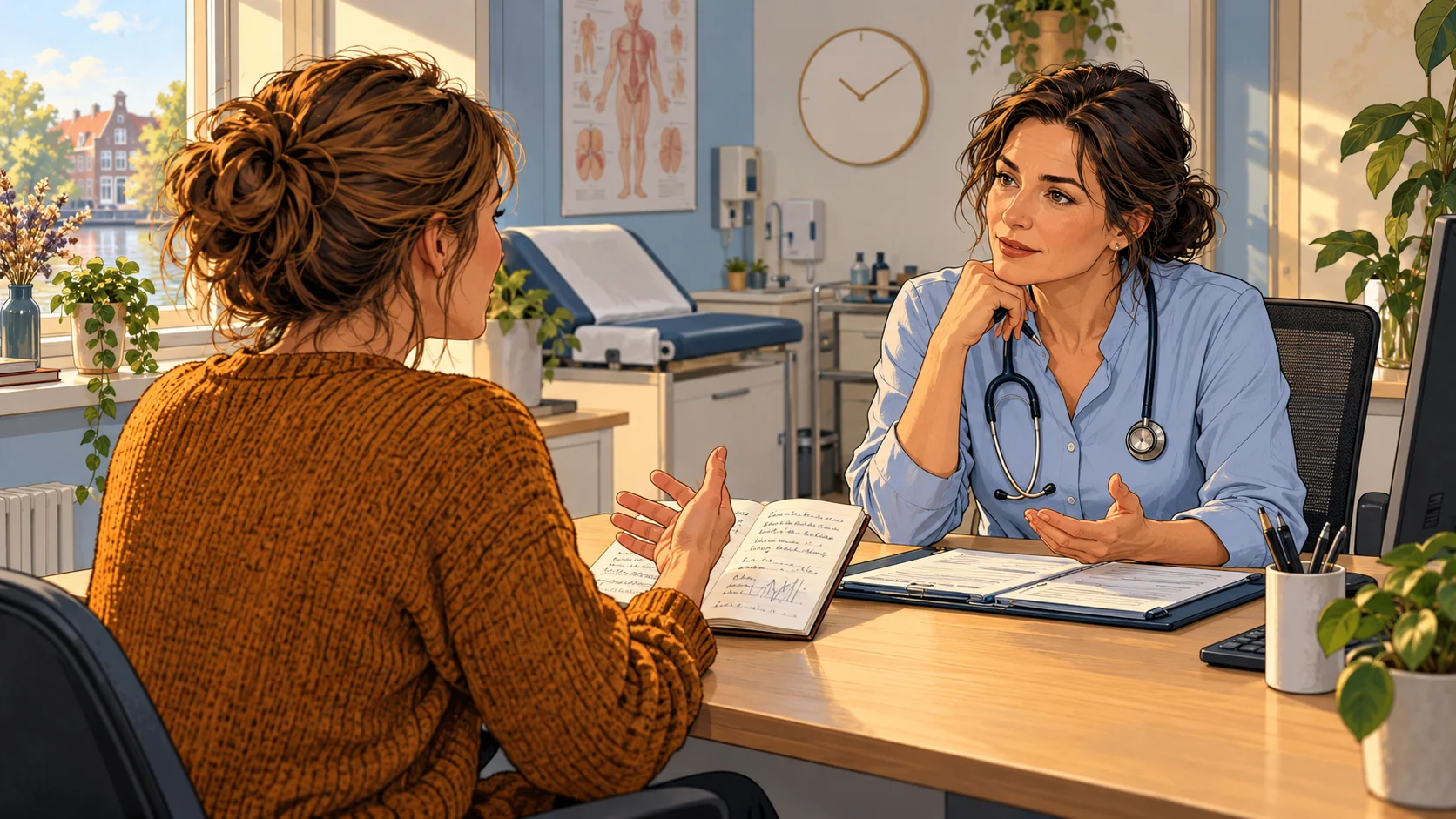 Patiënt bespreekt haar klachten en aantekeningen met een huisarts tijdens een consult.