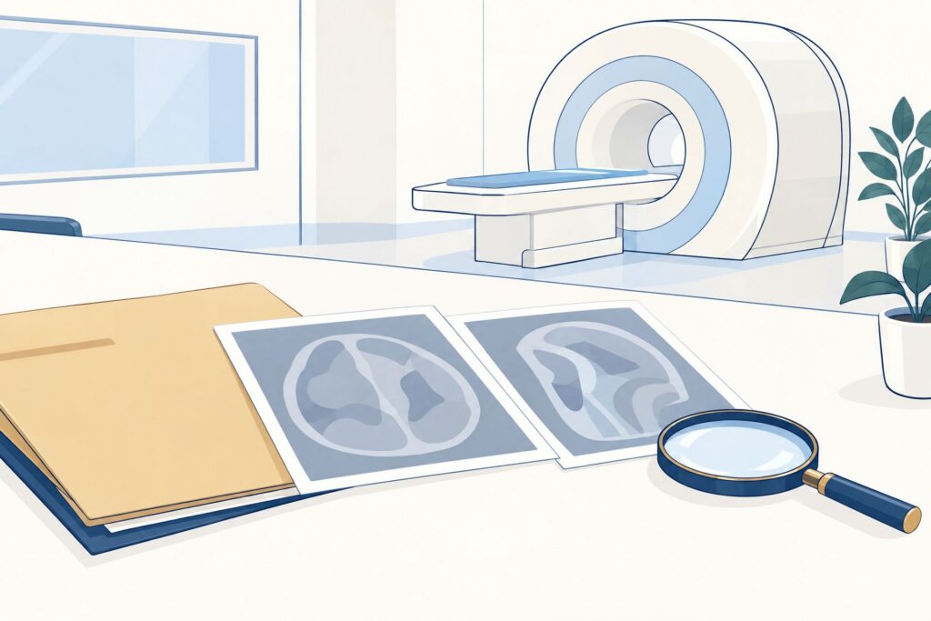 Illustratie van een MRI-scanner, abstracte scanbeelden en een vergrootglas bij een medisch dossier.