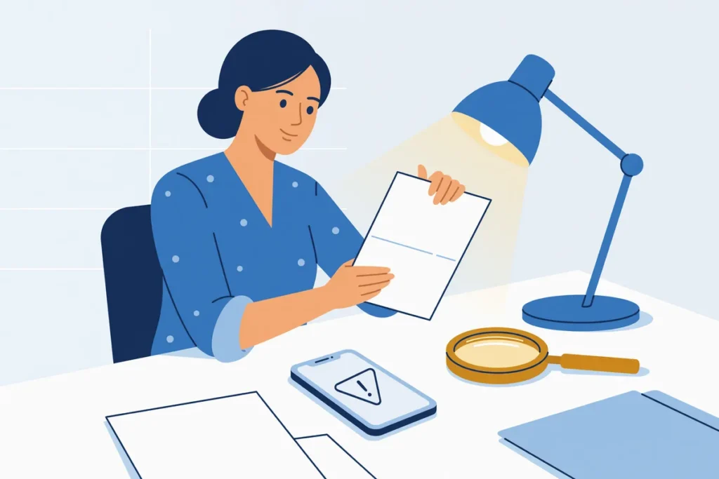 Vrouw houdt een verdachte incassobrief tegen het licht.