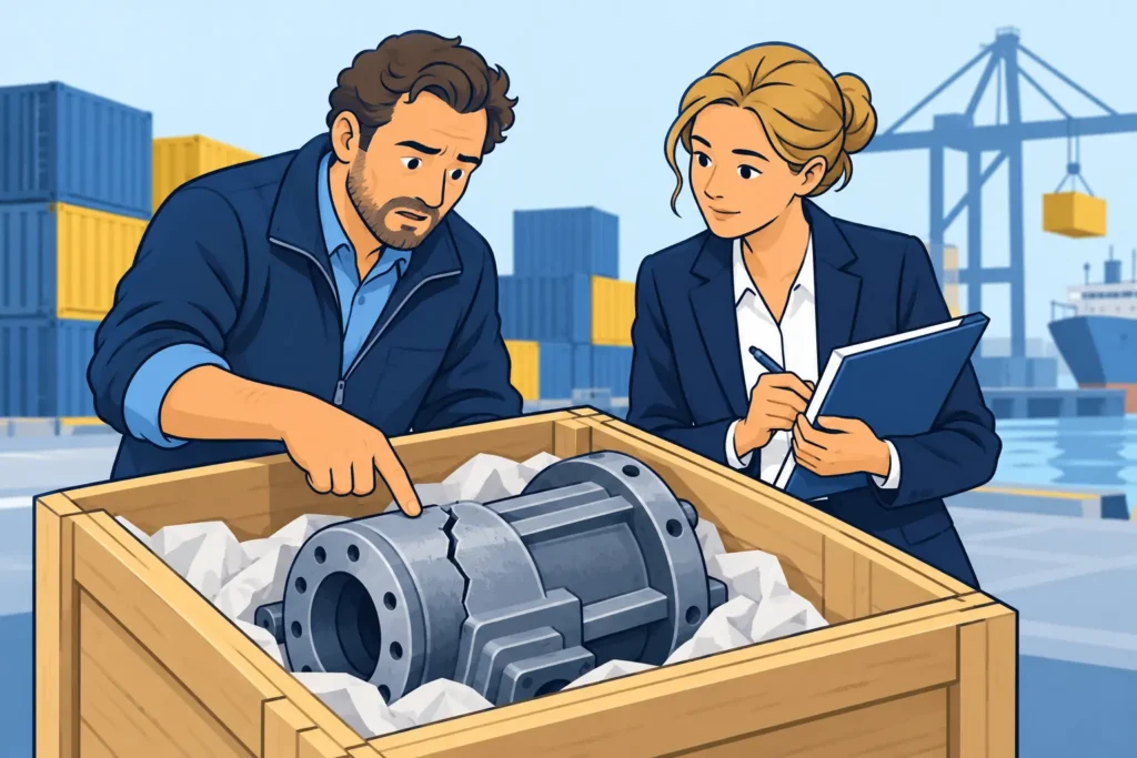 Een ondernemer en een advocaat onderzoeken een beschadigd machineonderdeel in een haven.
