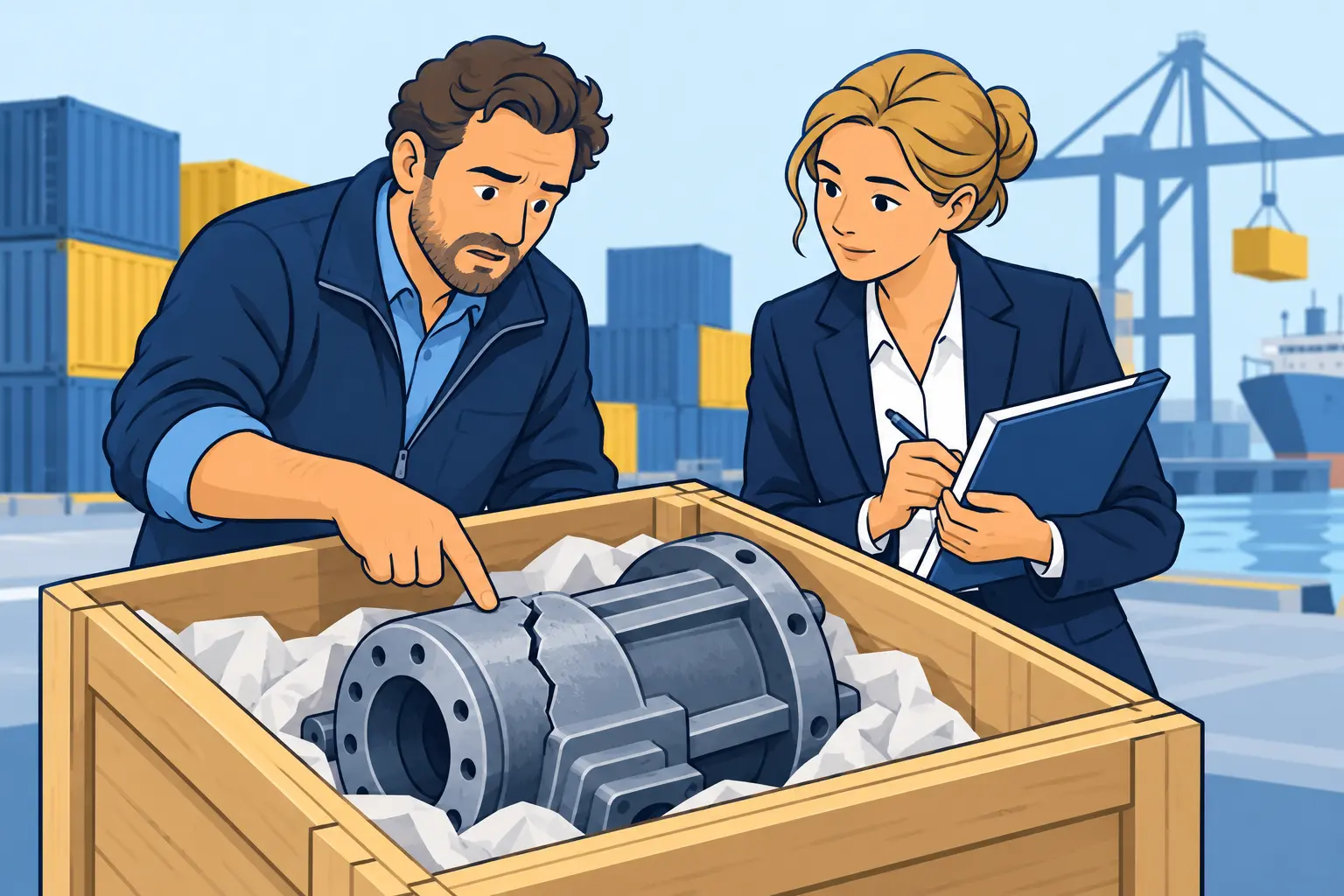 Een ondernemer en een advocaat onderzoeken een beschadigd machineonderdeel in een haven.