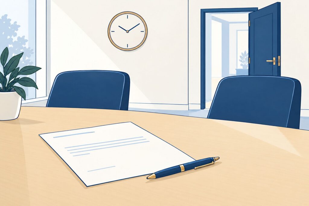 Illustratie van een ongetekende brief en pen op een overlegtafel, met een klok en open deur.