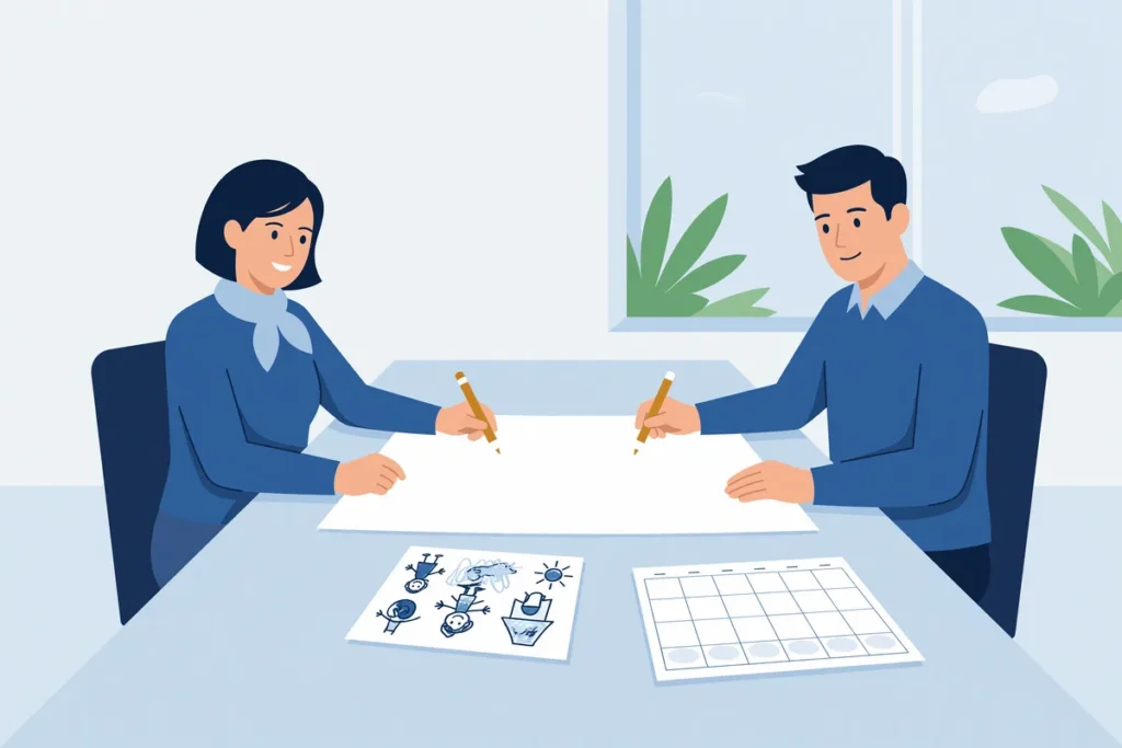 Twee ouders aan de keukentafel met een uitgeprint ouderschapsplan en een gezinskalender