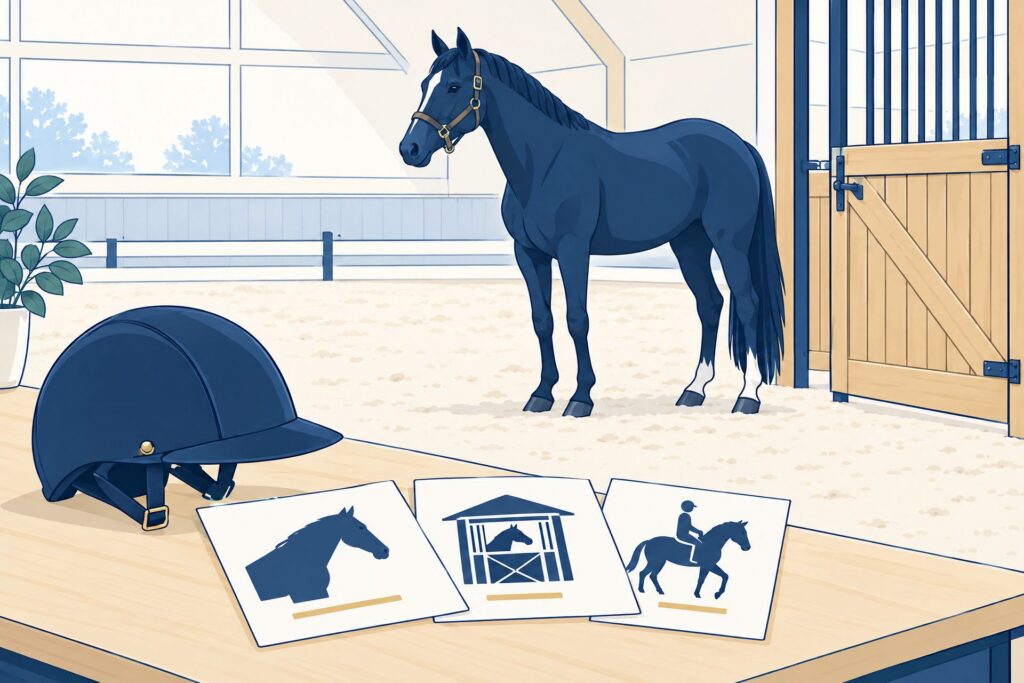 Illustratie van een paard bij een manege met een rijhelm en afzonderlijke documenten over paard, stalling en les.